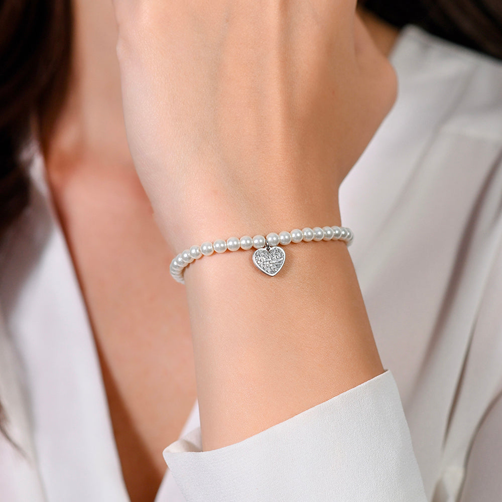 PULSERA DE PERLAS Y ACERO CORAZÓN PARA MUJER