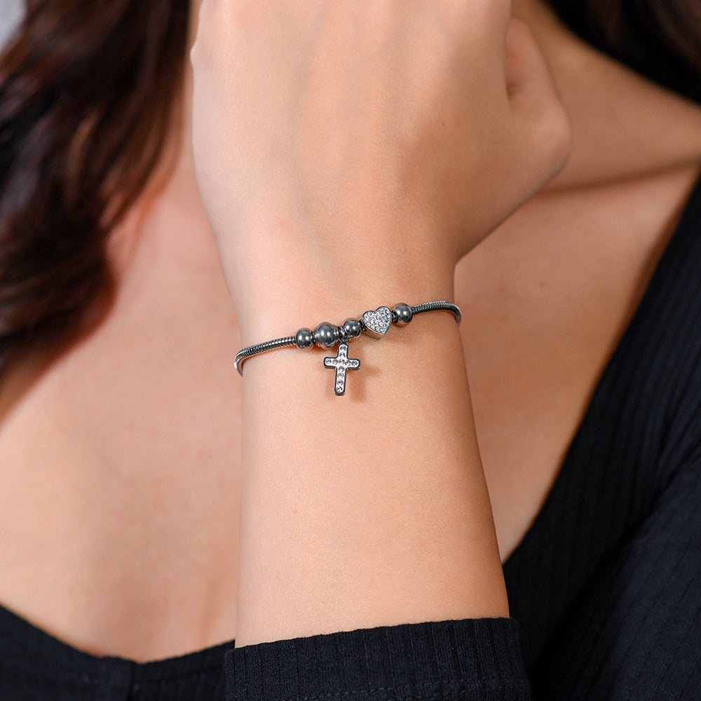 PULSERA DE ACERO CRUZ Y CRISTAL PARA MUJER