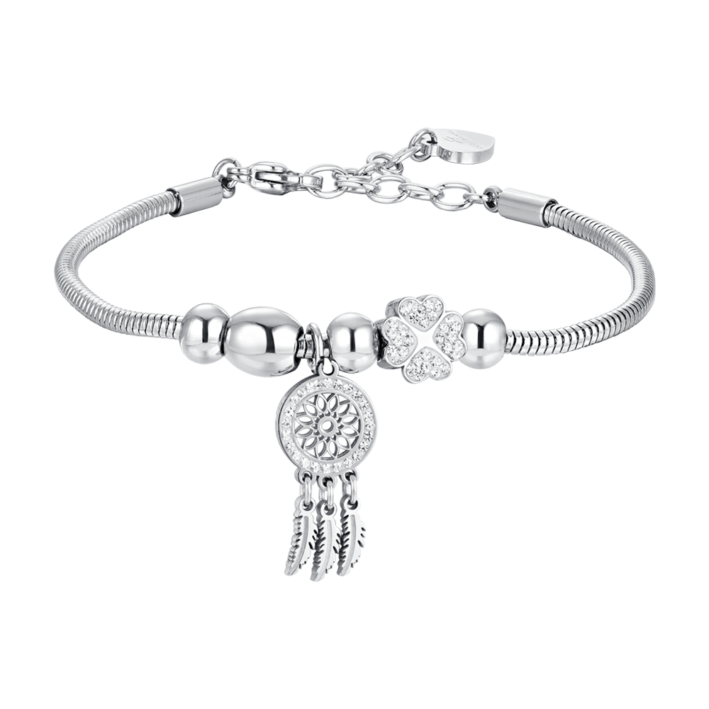 PULSERA DE ACERO INOXIDABLE ATRAPASUEÑOS Y CRISTAL