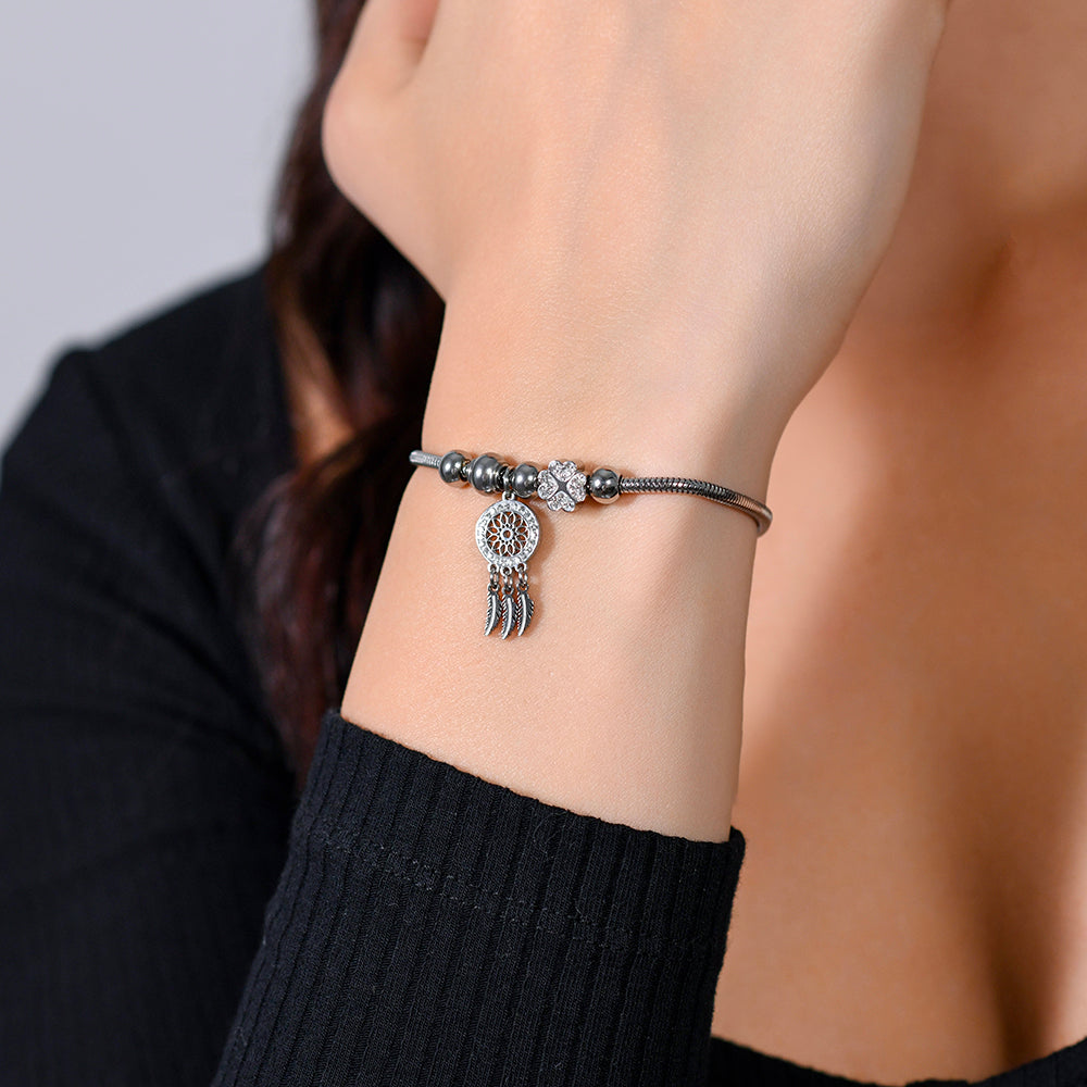 PULSERA DE ACERO INOXIDABLE ATRAPASUEÑOS Y CRISTAL