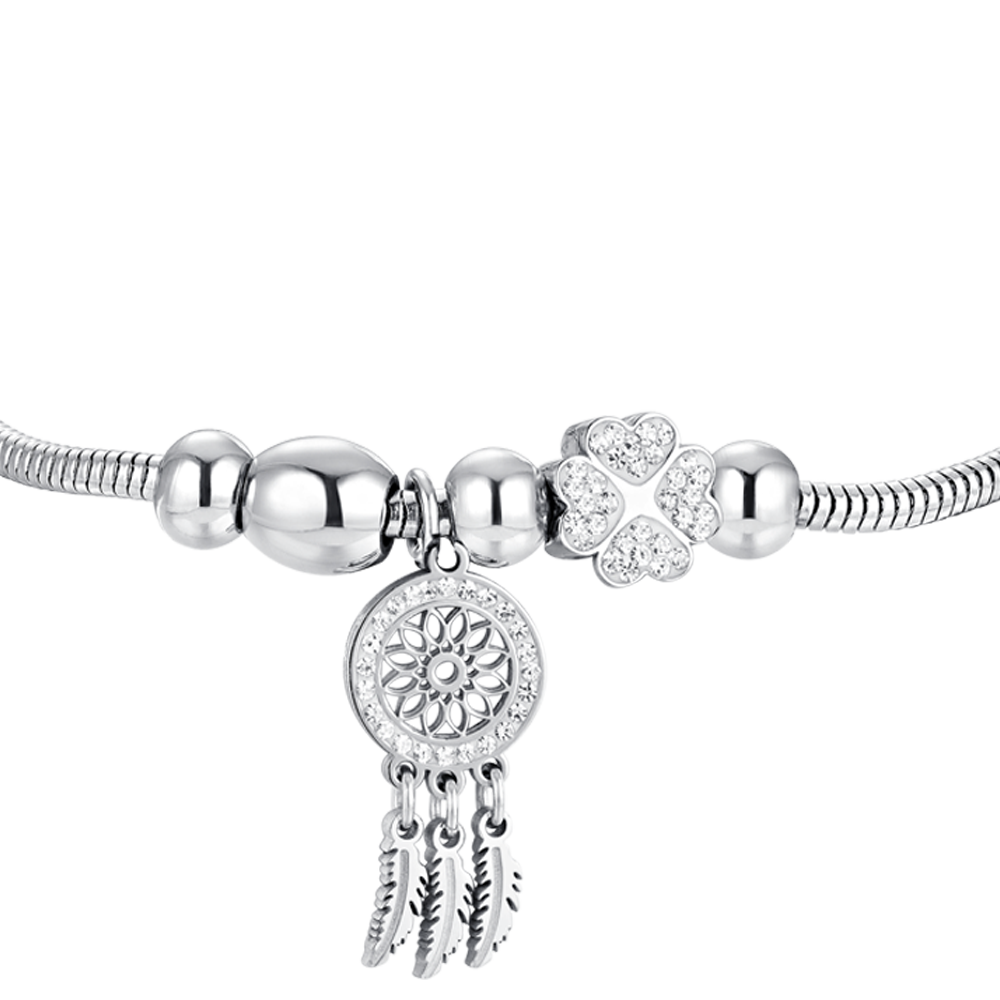 PULSERA DE ACERO INOXIDABLE ATRAPASUEÑOS Y CRISTAL