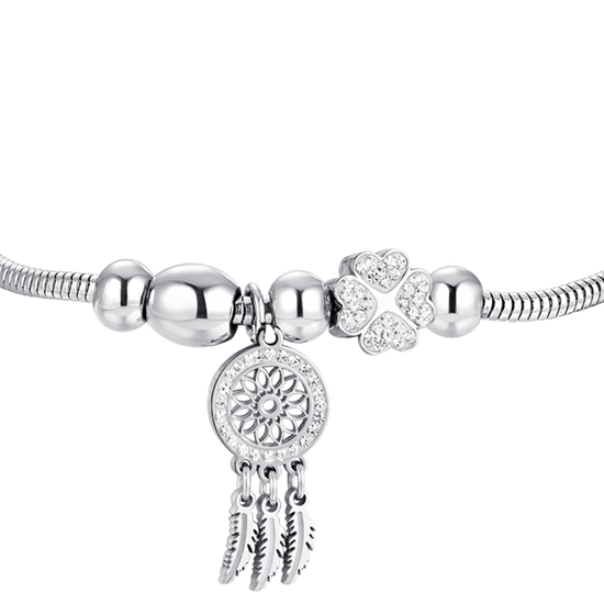 PULSERA DE ACERO INOXIDABLE ATRAPASUEÑOS Y CRISTAL