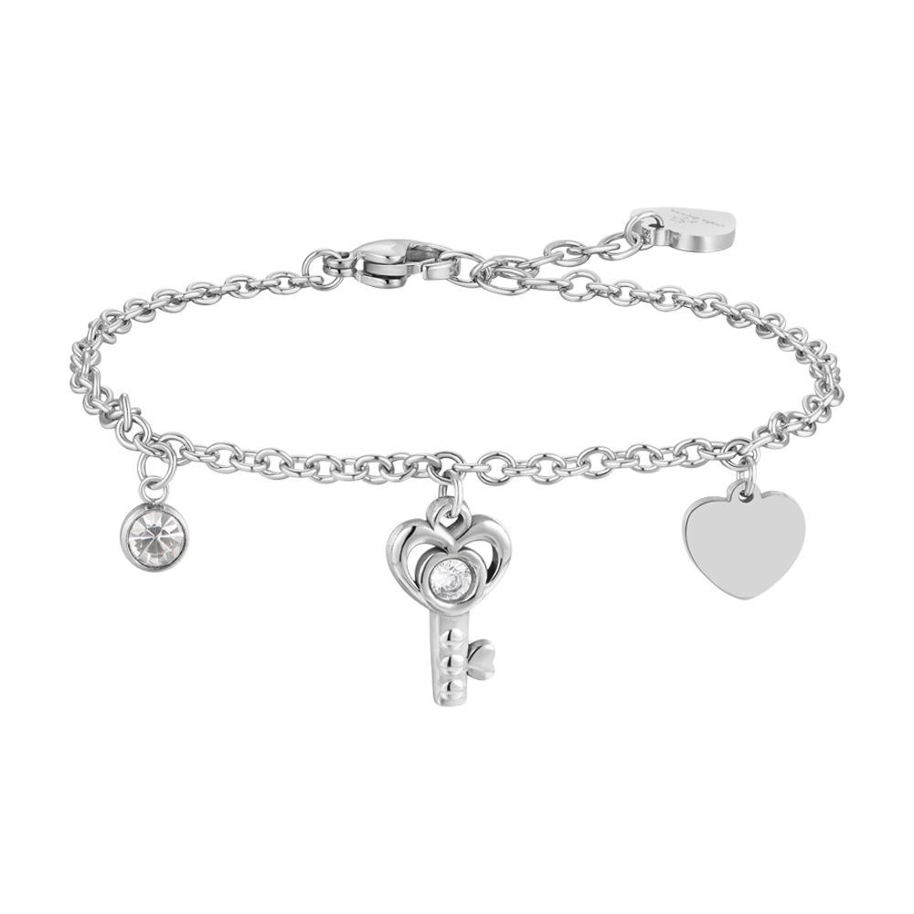 PULSERA DE ACERO CON LLAVE Y CORAZÓN PARA MUJER