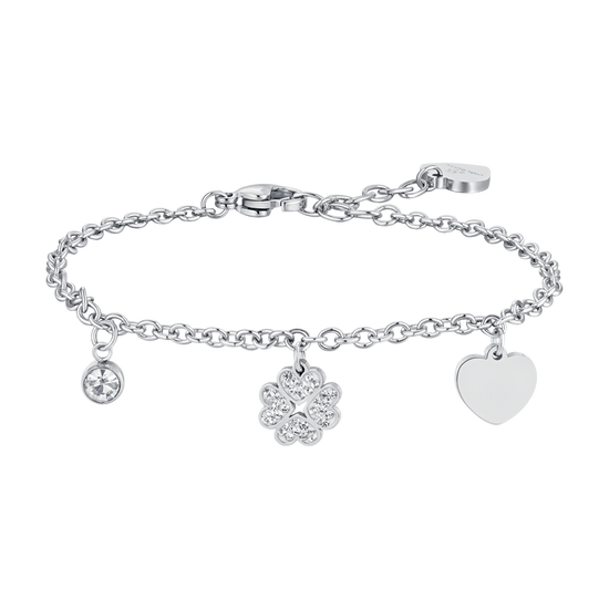 PULSERA DE ACERO PARA MUJER TRÉBOL DE CUATRO HOJAS Y CORAZÓN