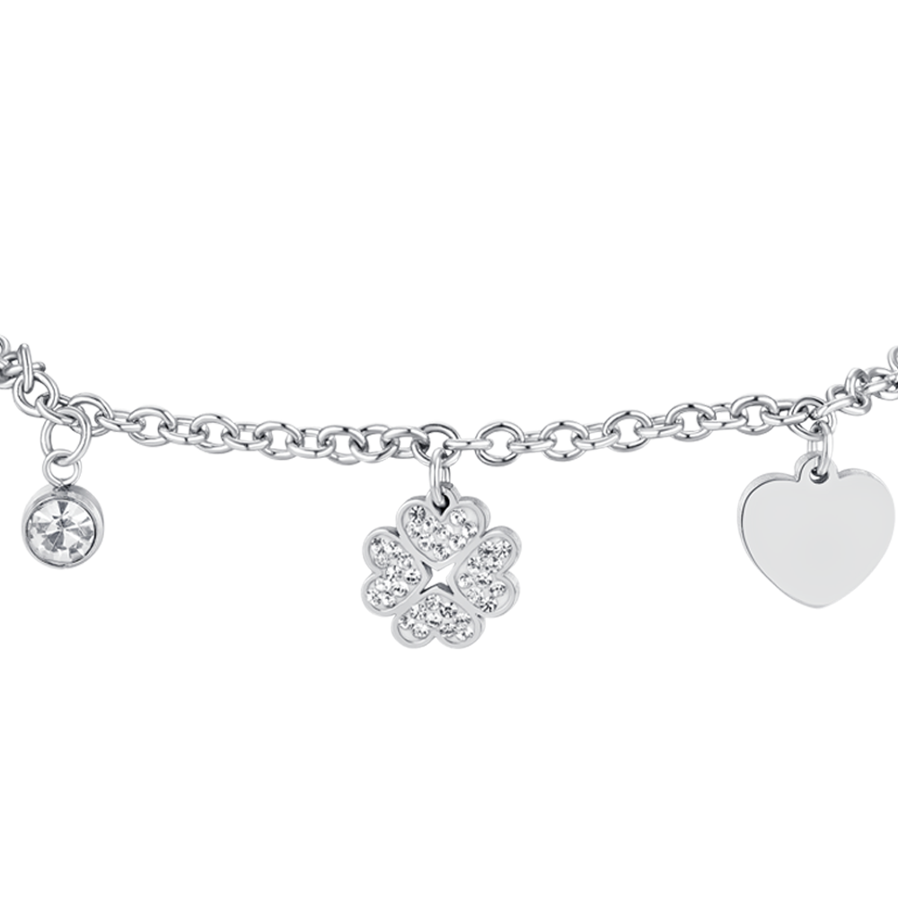 PULSERA DE ACERO PARA MUJER TRÉBOL DE CUATRO HOJAS Y CORAZÓN