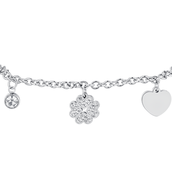 PULSERA DE ACERO PARA MUJER TRÉBOL DE CUATRO HOJAS Y CORAZÓN
