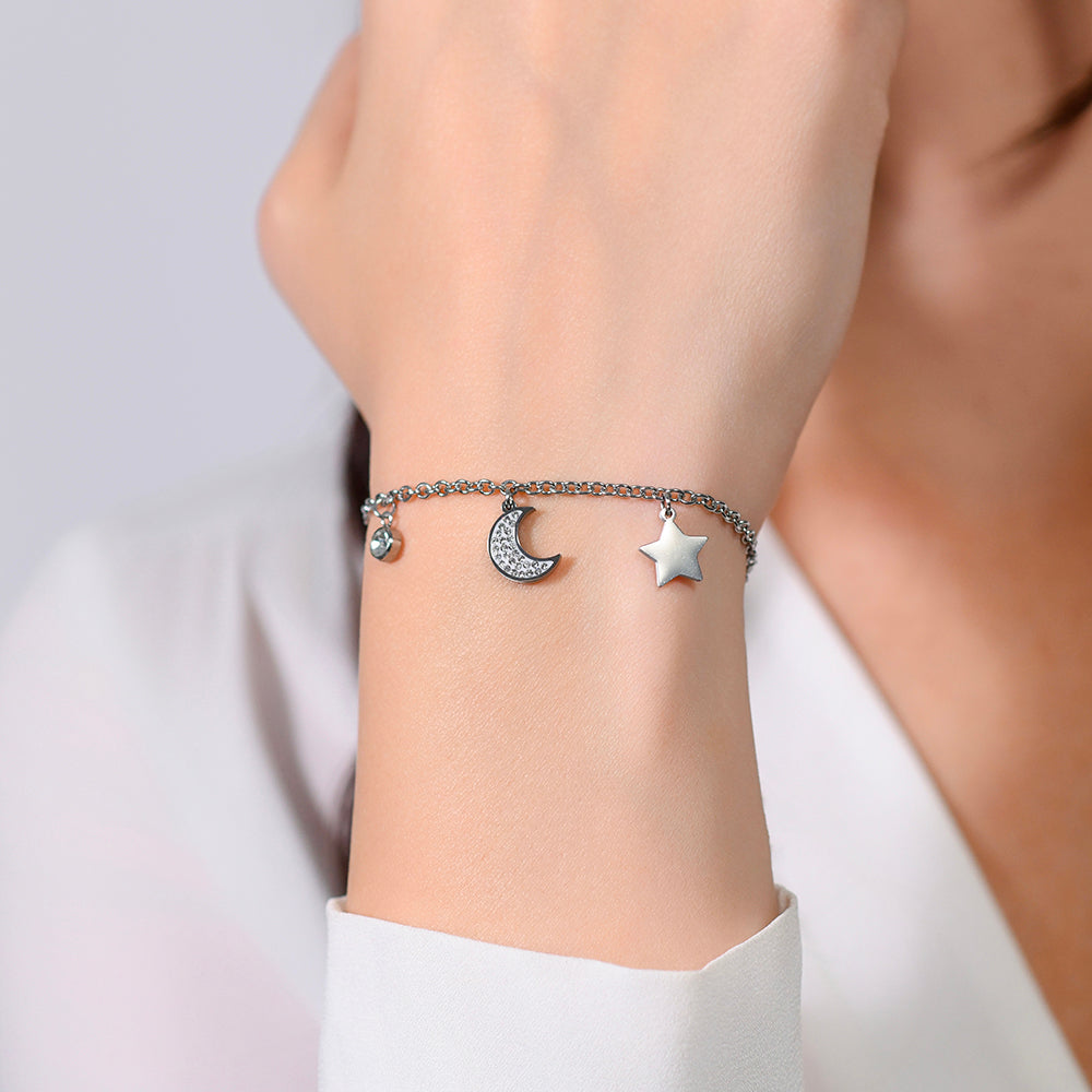 PULSERA DE ACERO LUNA Y ESTRELLA PARA MUJER