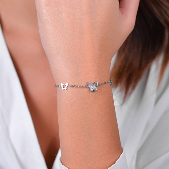PULSERA DE MUJER DE ACERO CON MARIPOSA Y CIRCONITA