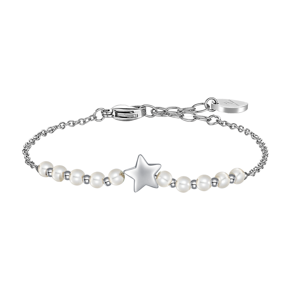 BRACCIALE DONNA IN ACCIAIO E PERLE SINTETICHE BIANCHE CON STELLA