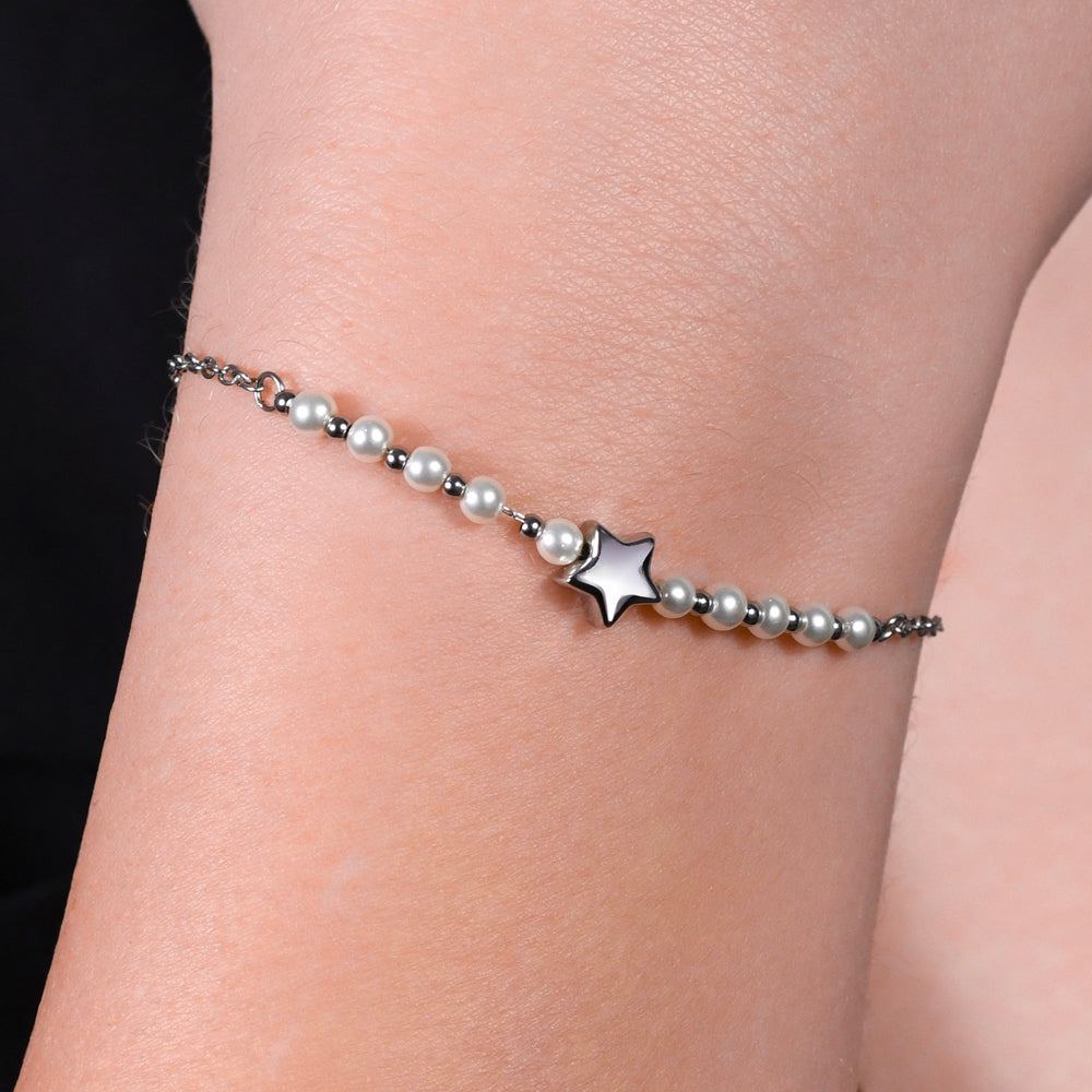 BRACCIALE DONNA IN ACCIAIO E PERLE SINTETICHE BIANCHE CON STELLA