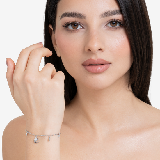 Carica immagine nella Galleria BRACCIALE DONNA IN ACCIAIO, LUNA CON ZIRCONE BIANCO E STELLE
