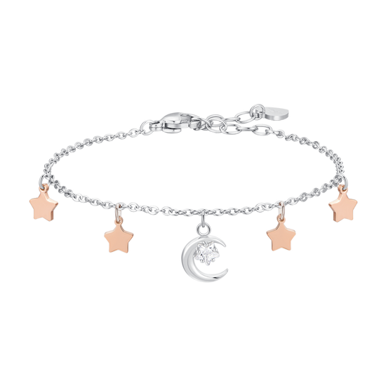 BRACCIALE DONNA IN ACCIAIO, LUNA CON ZIRCONE BIANCO E STELLE IP ROSE