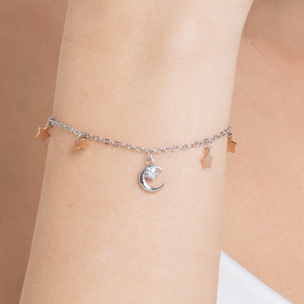 BRACCIALE DONNA IN ACCIAIO, LUNA CON ZIRCONE BIANCO E STELLE IP ROSE