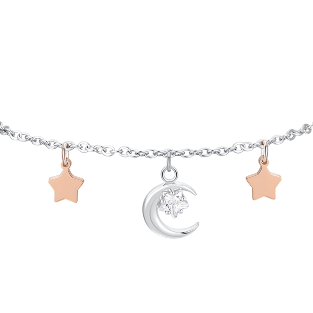 BRACCIALE DONNA IN ACCIAIO, LUNA CON ZIRCONE BIANCO E STELLE IP ROSE