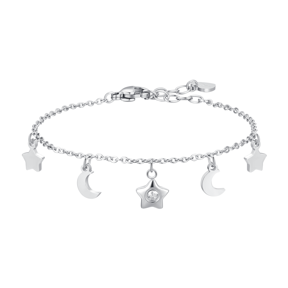 BRACCIALE DONNA IN ACCIAIO, STELLA CON ZIRCONE BIANCO, LUNE E STELLE