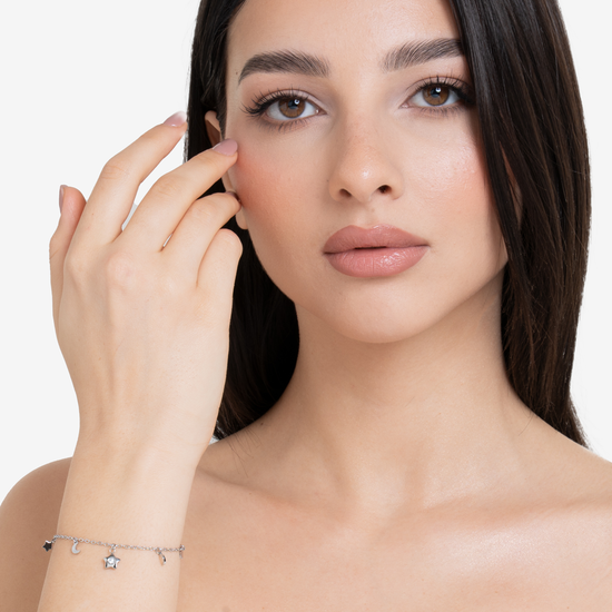 Carica immagine nella Galleria BRACCIALE DONNA IN ACCIAIO, STELLA CON ZIRCONE BIANCO, LUNE E STELLE
