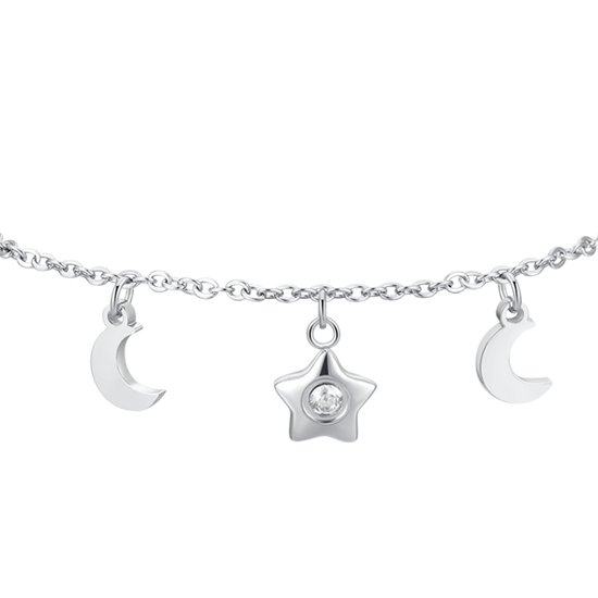 Carica immagine nella Galleria BRACCIALE DONNA IN ACCIAIO, STELLA CON ZIRCONE BIANCO, LUNE E STELLE
