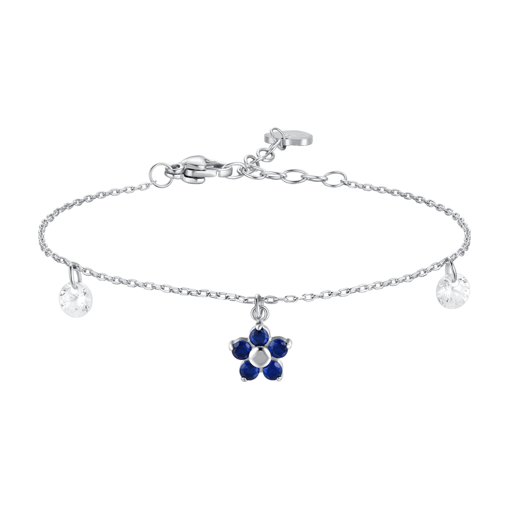 BRACCIALE DONNA IN ACCIAIO CON PENDENTE FIORE E PETALI ZIRCONE BLU