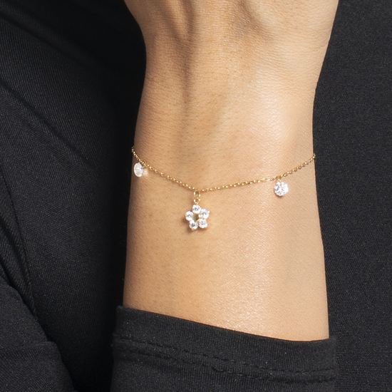 BRACCIALE DONNA IN ACCIAIO COLORE ORO CON PENDENTE FIORE E ZIRCONI BIANCHI