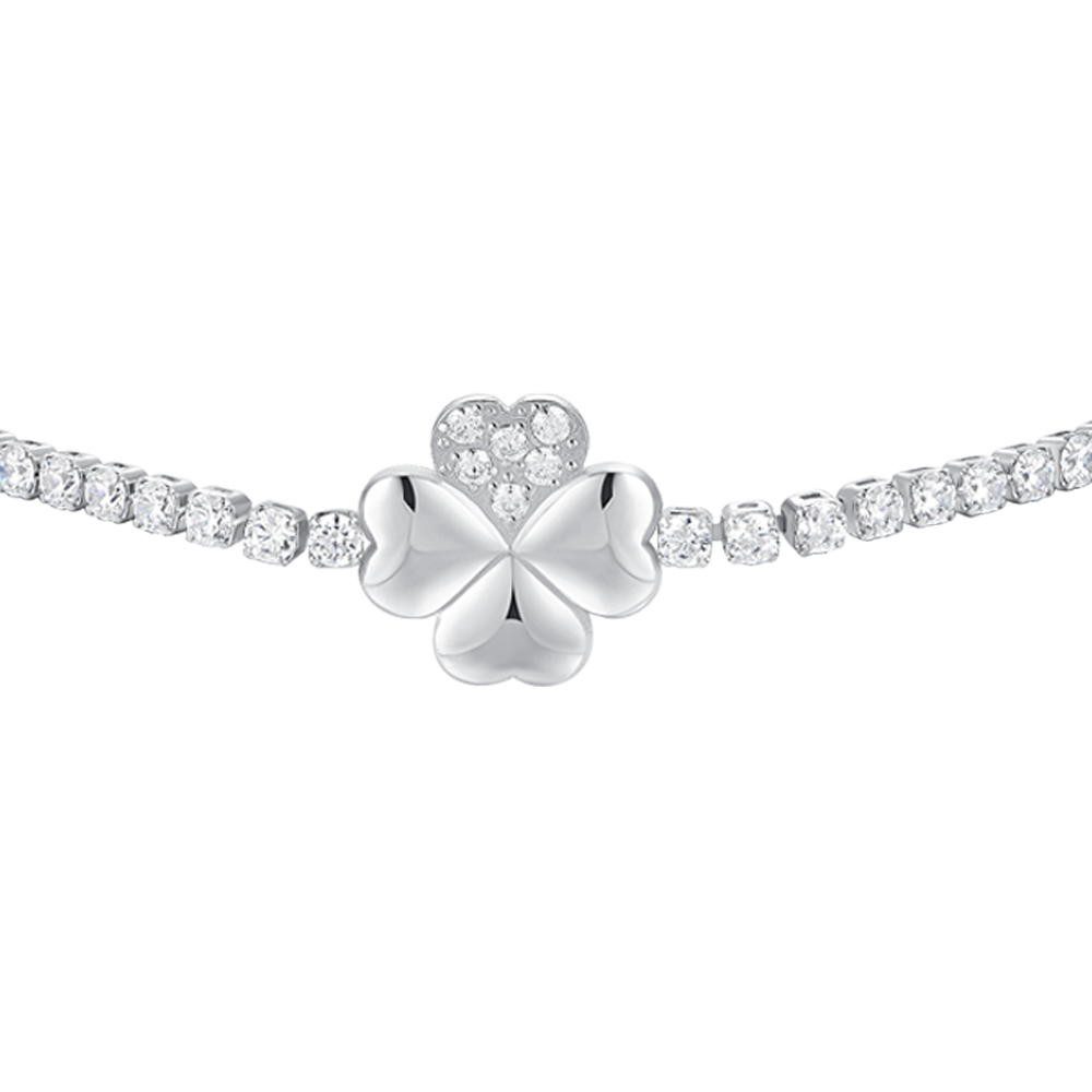 BRACCIALE TENNIS DONNA IN ACCIAIO CON QUADRIFOGLIO E PUNTI LUCE ZIRCONE BIANCO