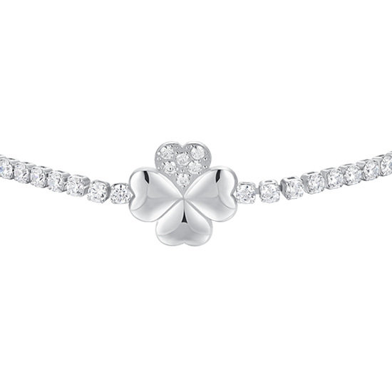 BRACCIALE TENNIS DONNA IN ACCIAIO CON QUADRIFOGLIO E PUNTI LUCE ZIRCONE BIANCO