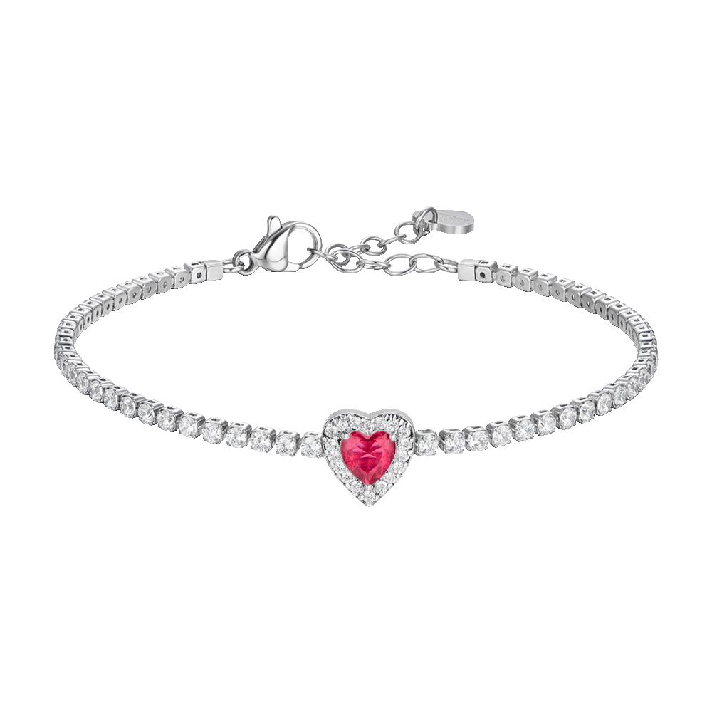 BRACCIALE TENNIS DONNA IN ACCIAIO CON CUORE CON ZIRCONI ROSSI E BIANCHI