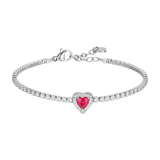 BRACCIALE TENNIS DONNA IN ACCIAIO CON CUORE CON ZIRCONI ROSSI E BIANCHI
