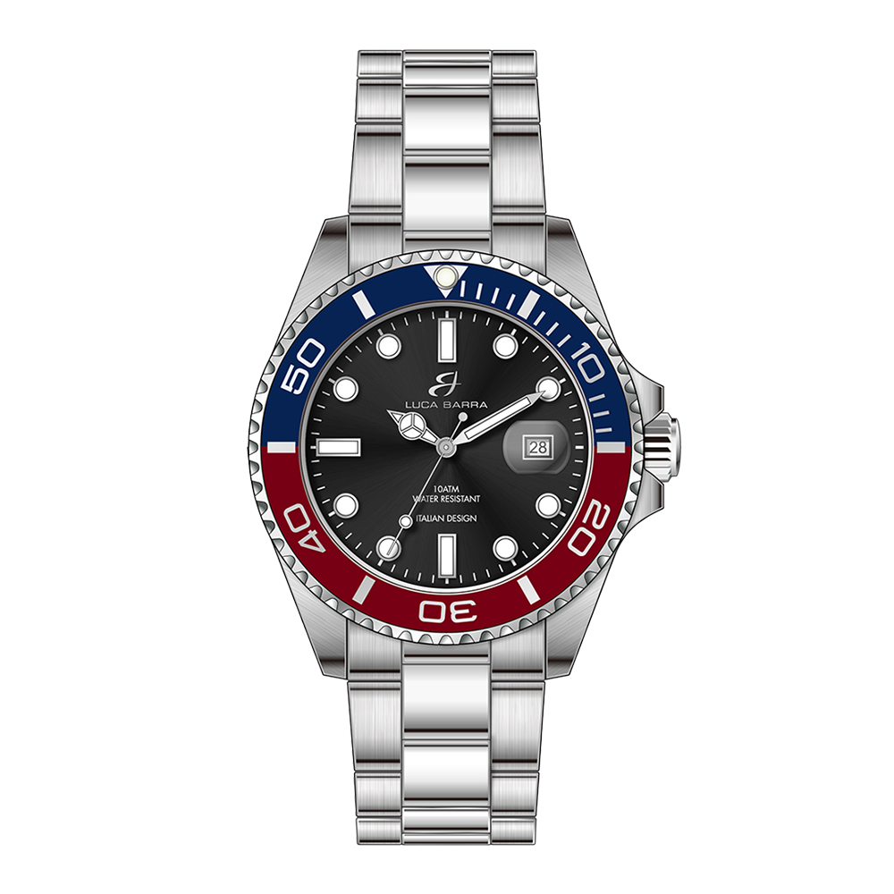 RELOJ DE CABALLERO CON CAJA DE ACERO BISEL AZUL Y ROJO