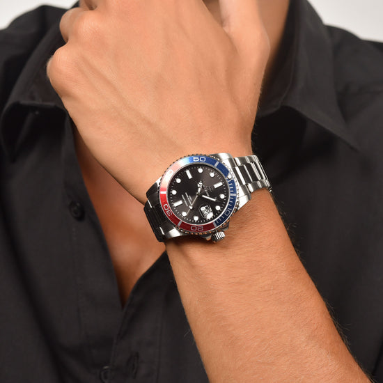 RELOJ DE CABALLERO CON CAJA DE ACERO BISEL AZUL Y ROJO