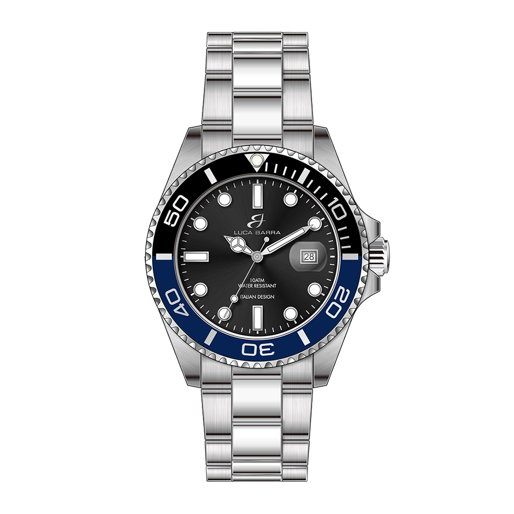 RELOJ DE CABALLERO CON CAJA DE ACERO ESFERA NEGRA BISEL NEGRO Y AZUL