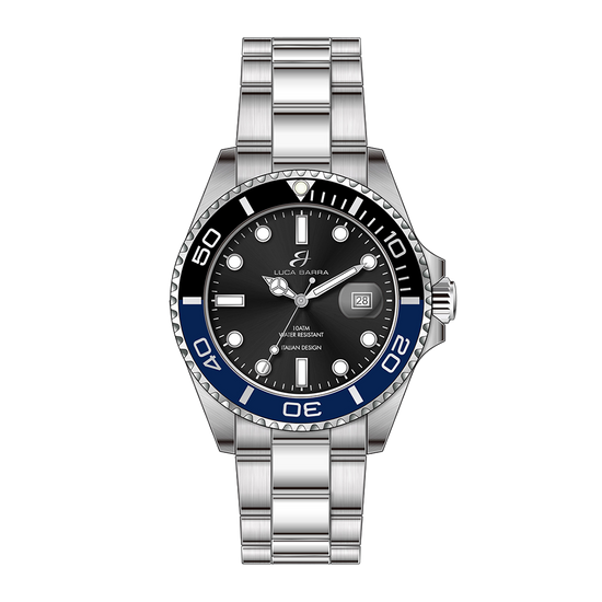 RELOJ DE CABALLERO CON CAJA DE ACERO ESFERA NEGRA BISEL NEGRO Y AZUL