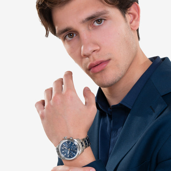 RELOJ DE ACERO PARA HOMBRE CON ESFERA AZUL Y BISEL PLATEADO