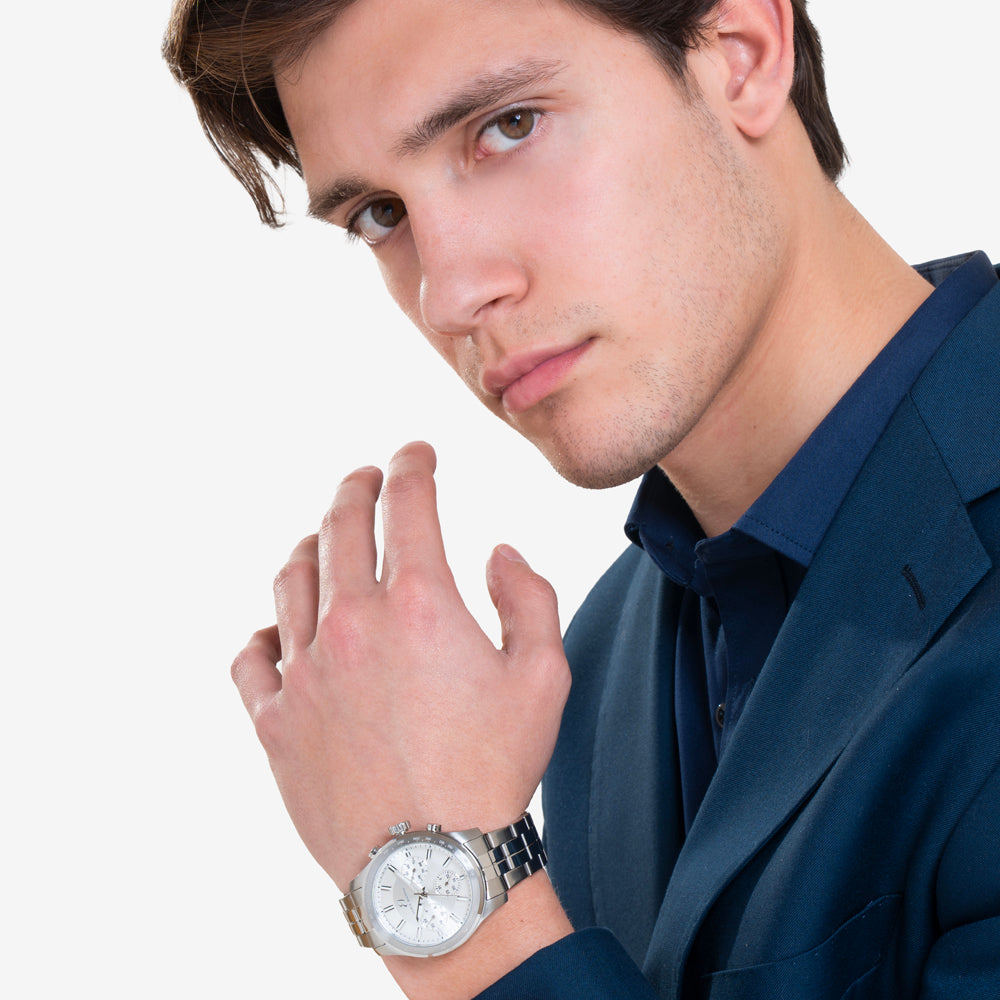 RELOJ DE ACERO PARA CABALLERO CON ESFERA Y BISEL PLATEADOS