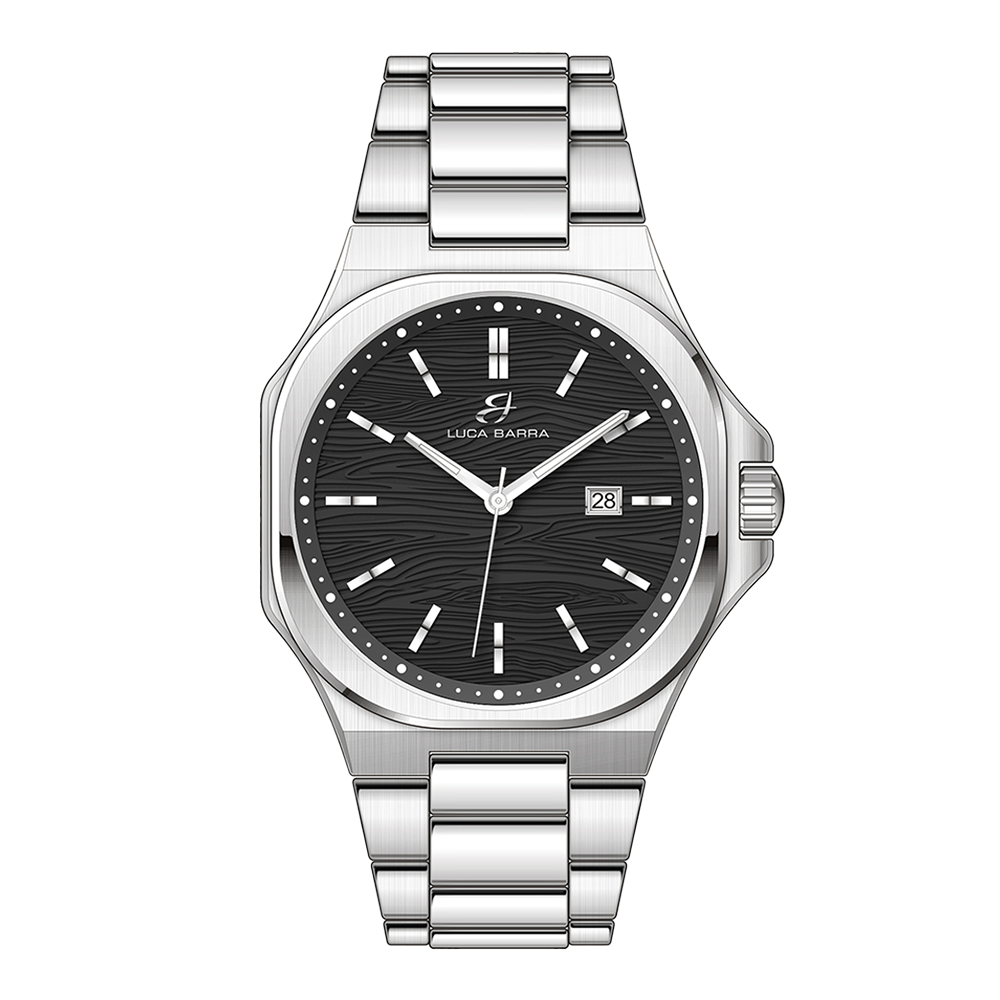 RELOJ DE ACERO PARA HOMBRE ESFERA NEGRA, DETALLES PLATEADOS