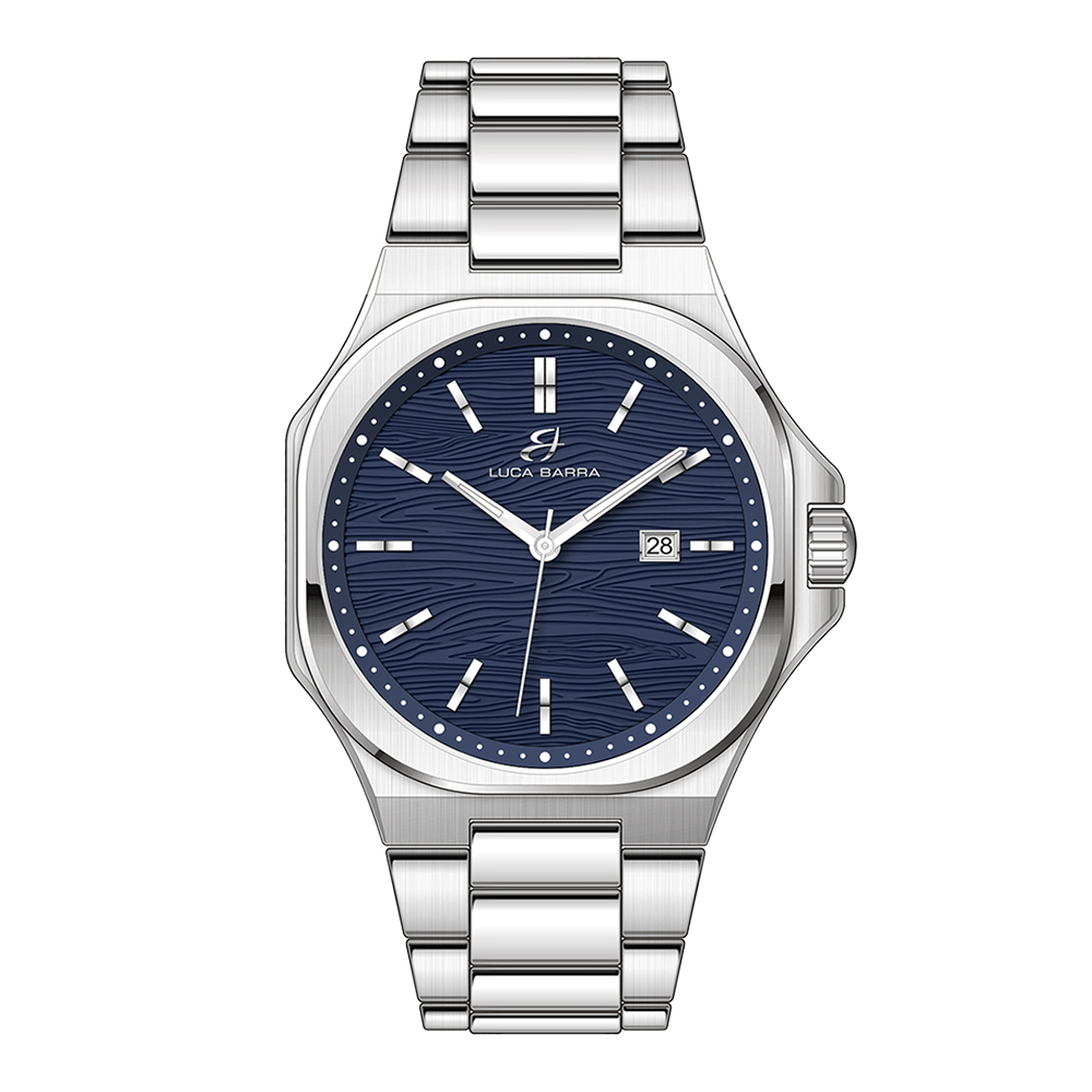 RELOJ DE ACERO PARA HOMBRE ESFERA AZUL, DETALLES PLATEADOS