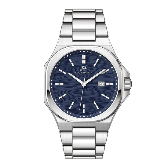 RELOJ DE ACERO PARA HOMBRE ESFERA AZUL, DETALLES PLATEADOS