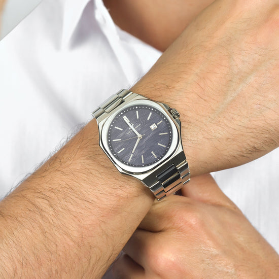RELOJ DE ACERO PARA HOMBRE ESFERA AZUL, DETALLES PLATEADOS