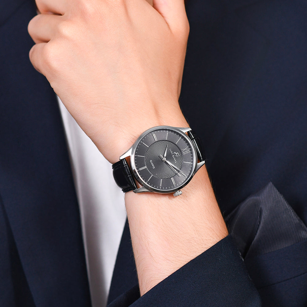 RELOJ DE ACERO PARA HOMBRE CON CORREA DE PIEL NEGRA