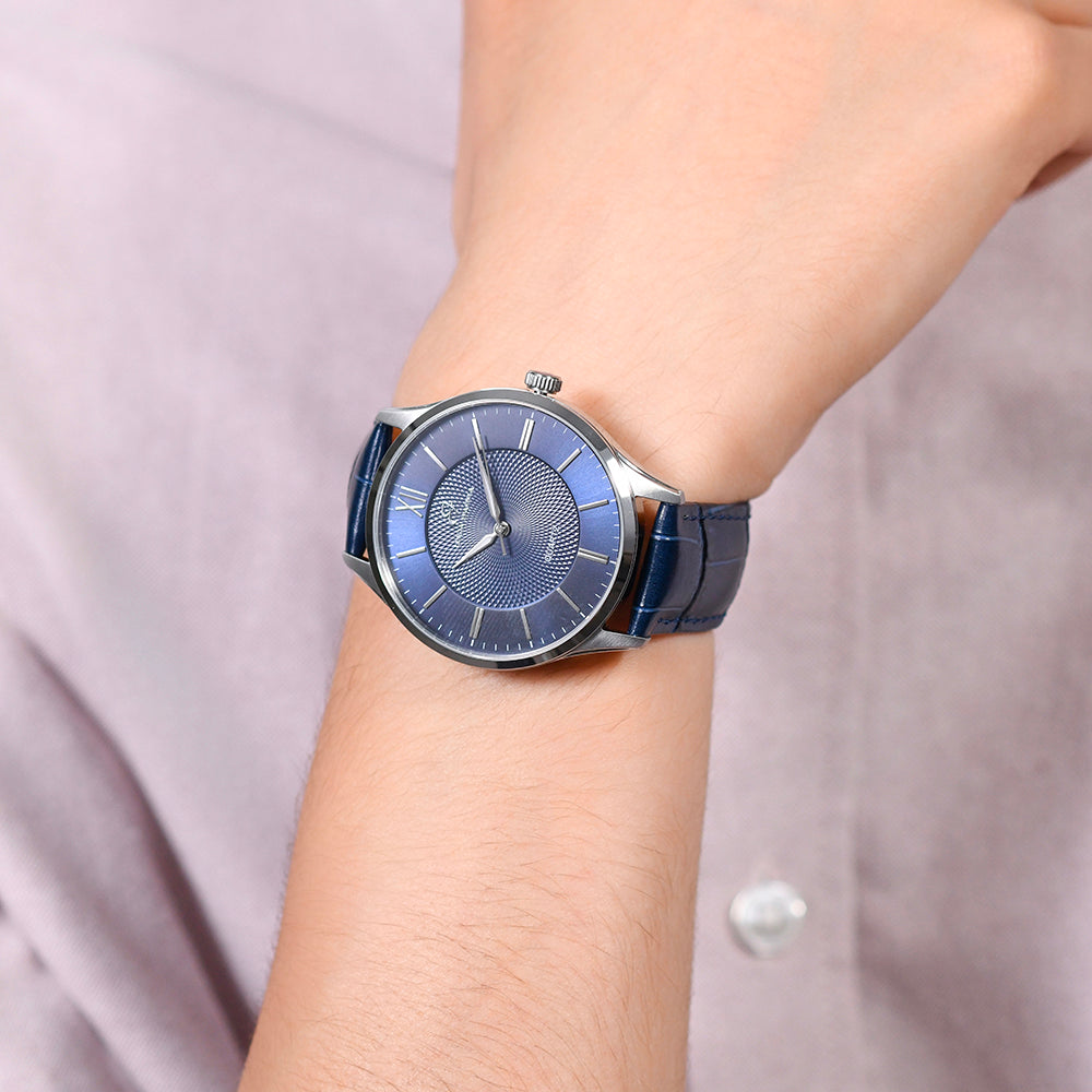 RELOJ DE ACERO PARA HOMBRE CON CORREA DE PIEL AZUL