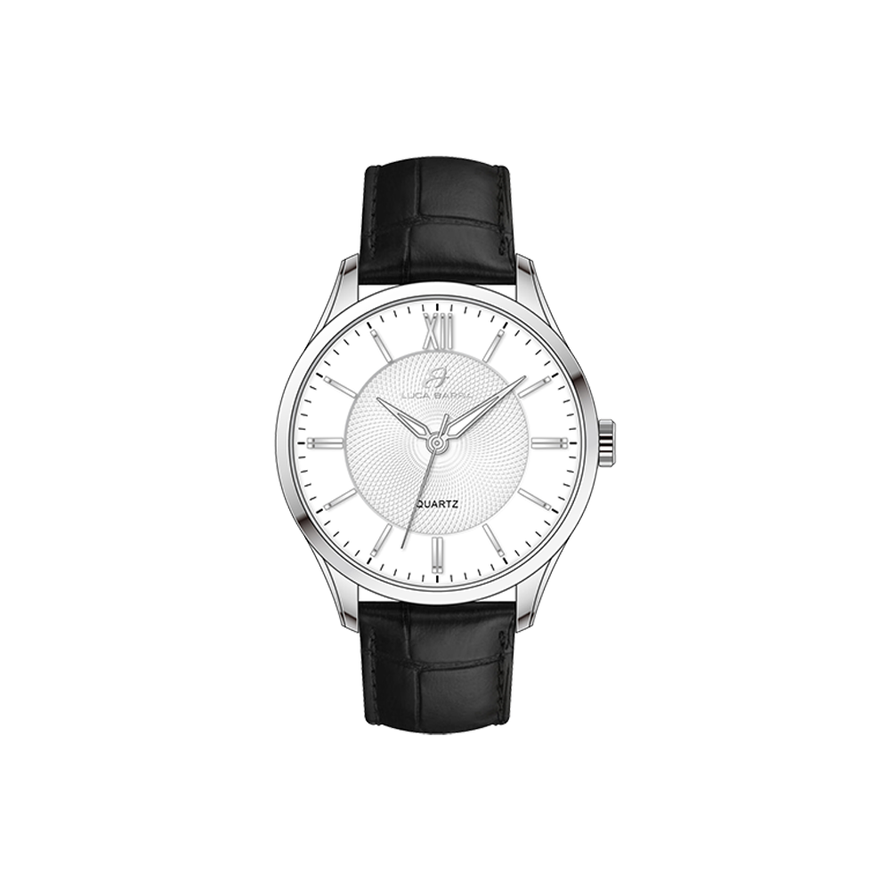 RELOJ DE ACERO PARA HOMBRE CON CORREA DE PIEL NEGRA Y ESFERA BLANCA