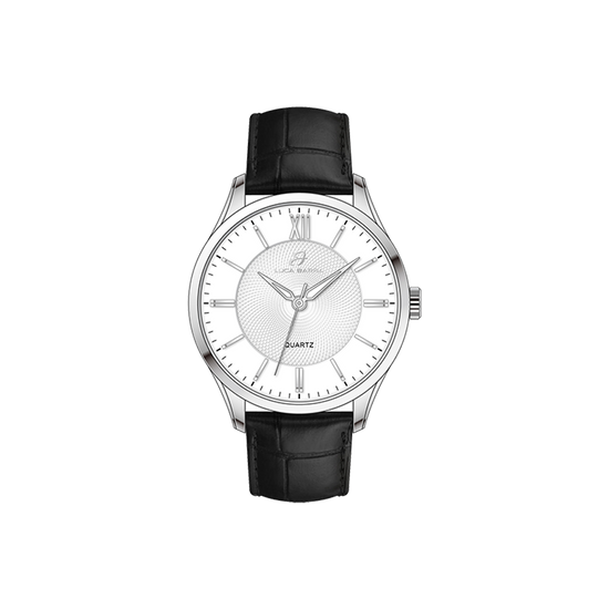 RELOJ DE ACERO PARA HOMBRE CON CORREA DE PIEL NEGRA Y ESFERA BLANCA