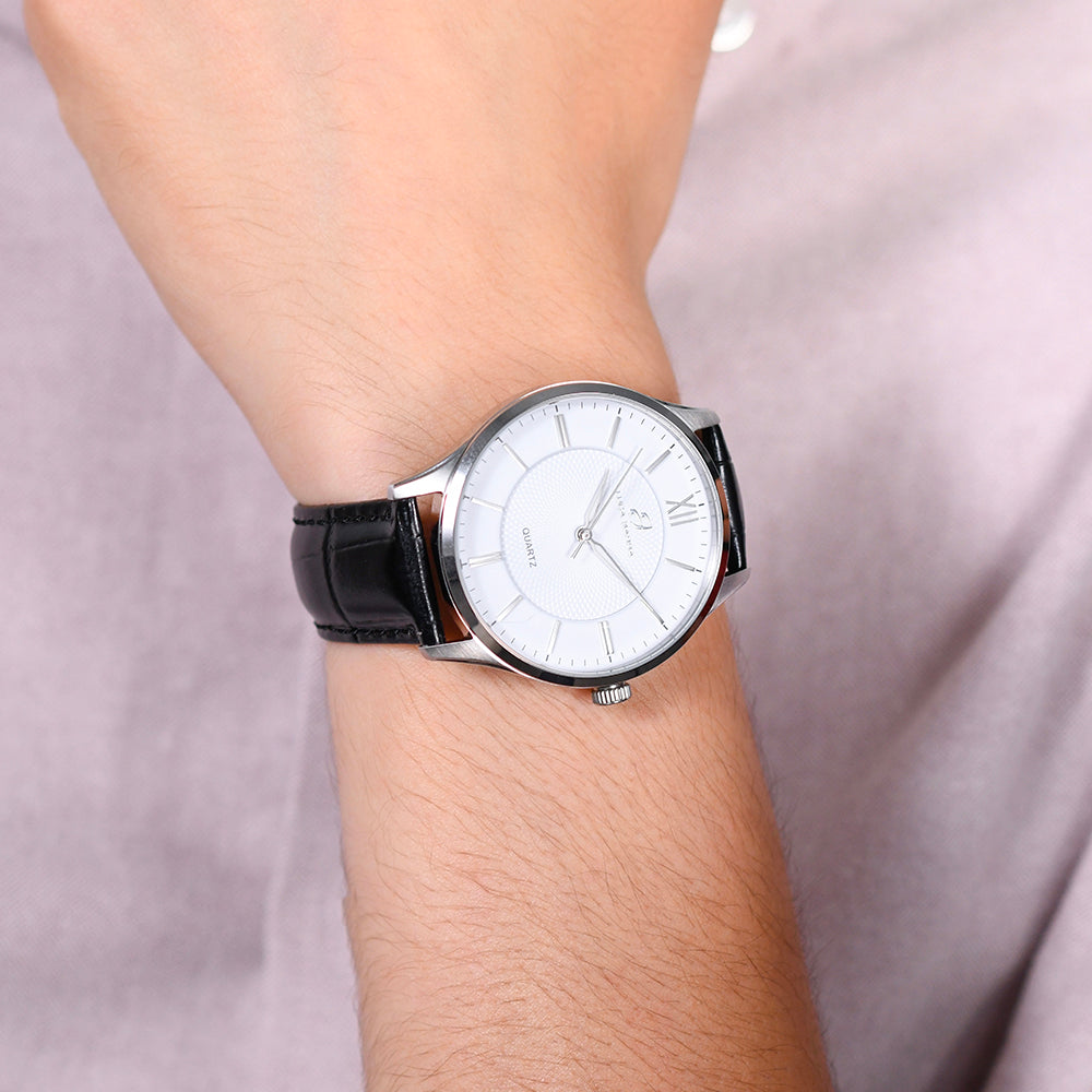 RELOJ DE ACERO PARA HOMBRE CON CORREA DE PIEL NEGRA Y ESFERA BLANCA