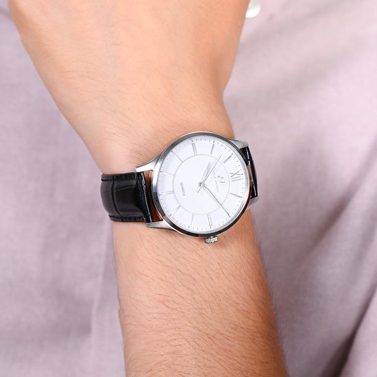 RELOJ DE ACERO PARA HOMBRE CON CORREA DE PIEL NEGRA Y ESFERA BLANCA