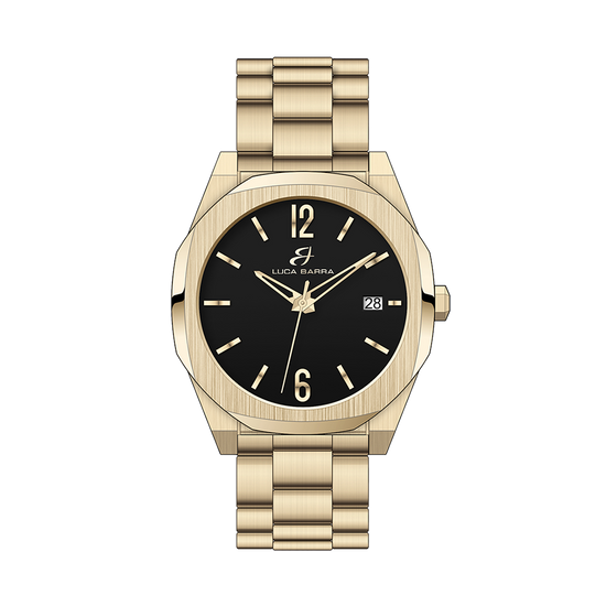 RELOJ CON CAJA DE ACERO IP ORO ESFERA NEGRA PULSERA DE ORO