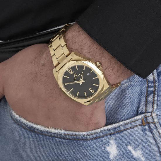 RELOJ CON CAJA DE ACERO IP ORO ESFERA NEGRA PULSERA DE ORO