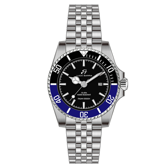 RELOJ CON CAJA DE ACERO ESFERA NEGRA BISEL NEGRO Y AZUL
