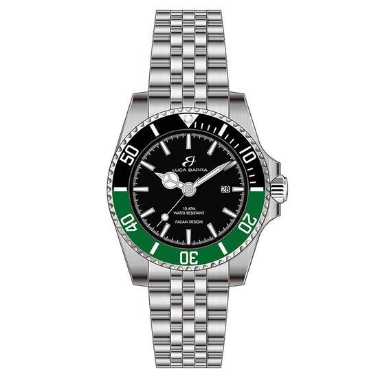RELOJ CON CAJA DE ACERO ESFERA NEGRA BISEL NEGRO Y VERDE