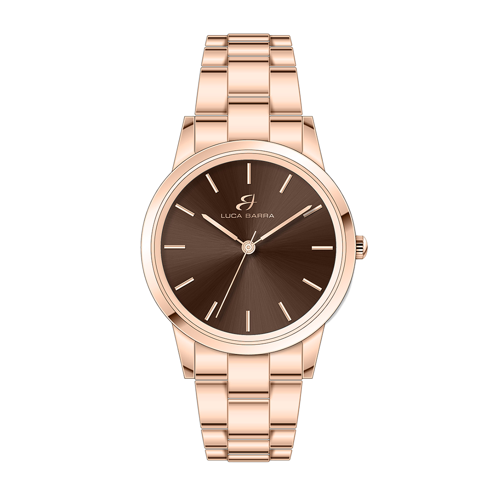 RELOJ DE ACERO ROSA IP CON ESCRITORIO MARRON, PULSERA ROSA IP Luca Barra