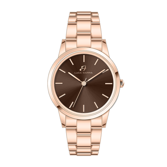 RELOJ DE ACERO ROSA IP CON ESCRITORIO MARRON, PULSERA ROSA IP Luca Barra