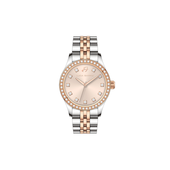 RELOJ DE ACERO PARA SEÑORA CON ESFERA ROSA IP Y BISEL DE CRISTAL BLANCO